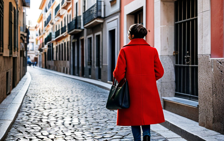 **

"A stylish woman walking down a cobblestone street in Madrid, wearing a vibrant red wool coat, dark jeans, and ankle boots. She carries a large leather tote bag. The scene is bathed in soft afternoon light. Focus on textures – the rough stone, the soft wool, and the smooth leather. Professional photography, realistic style, safe for work, appropriate attire, fully clothed, perfect anatomy, natural proportions, family-friendly."

**