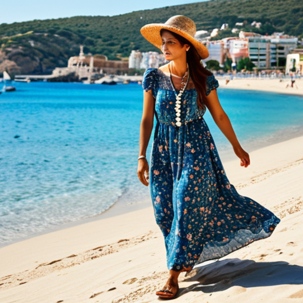 여름 패션 아이템의 다채로운 변형 방식 - **

"A woman walking on a sunny beach in Spain, wearing a long, floral print dress. She has a straw ...