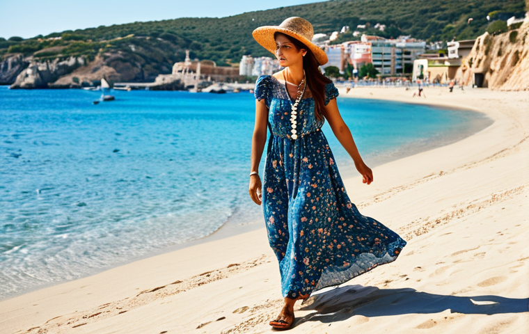 여름 패션 아이템의 다채로운 변형 방식 - **

"A woman walking on a sunny beach in Spain, wearing a long, floral print dress. She has a straw ...