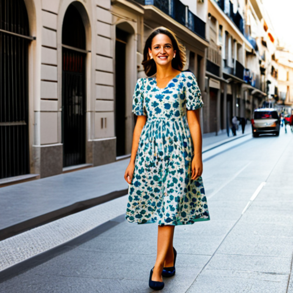 코트로 만드는 다양한 체형 커버링 스타일 - Empire Waist Dress**

"A stylish woman walking down a sunny street in Madrid, wearing a knee-length,...