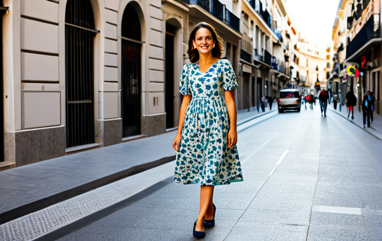 코트로 만드는 다양한 체형 커버링 스타일 - Empire Waist Dress**

"A stylish woman walking down a sunny street in Madrid, wearing a knee-length,...