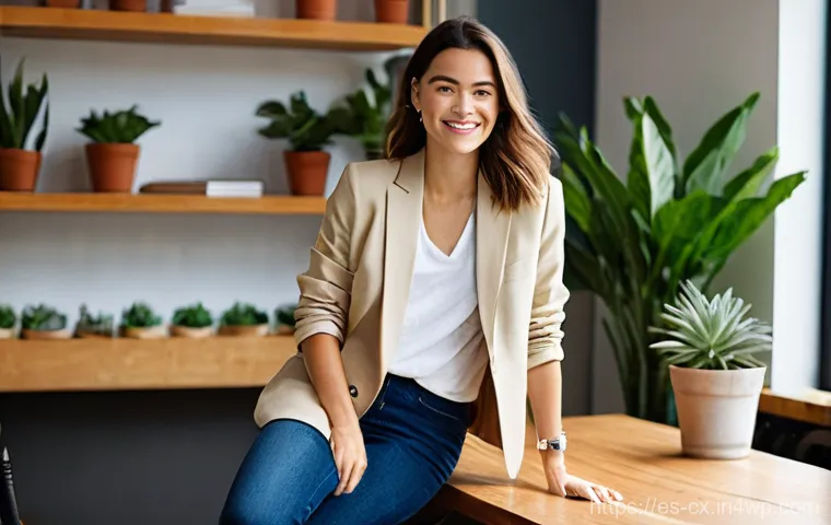 자켓을 활용한 다양한 비즈니스 스타일링 - **Prompt:** A highly professional and confident woman in her early 30s, standing in a brightly lit m...