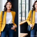 팬츠의 다양한 활용  캐주얼 비즈니스 포멀 룩 - **"From Denim Day to Glam Night"**
    A stylish young woman, approximately 25-30 years old, is show...