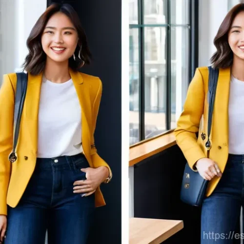 팬츠의 다양한 활용  캐주얼 비즈니스 포멀 룩 - **"From Denim Day to Glam Night"**
    A stylish young woman, approximately 25-30 years old, is show...