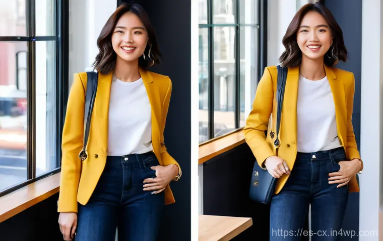 팬츠의 다양한 활용  캐주얼 비즈니스 포멀 룩 - **"From Denim Day to Glam Night"**
    A stylish young woman, approximately 25-30 years old, is show...