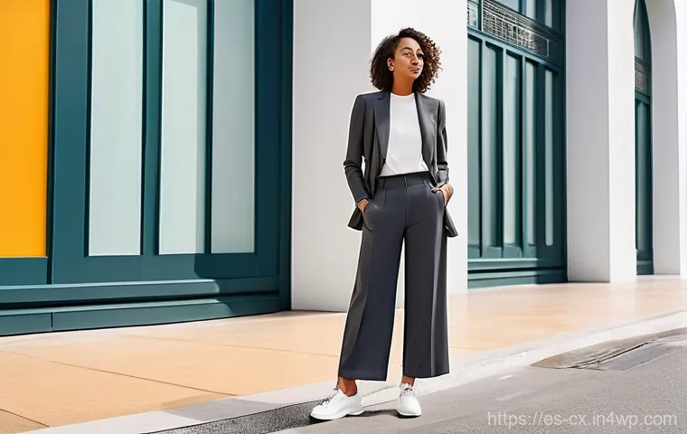 팬츠의 다양한 활용  캐주얼 비즈니스 포멀 룩 - **"From Denim Day to Glam Night"**
    A stylish young woman, approximately 25-30 years old, is show...