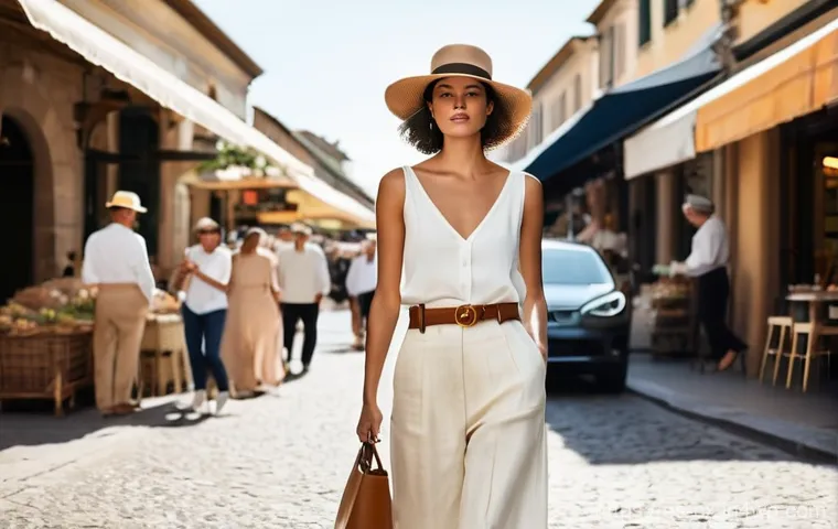 팬츠의 다양한 활용  캐주얼 비즈니스 포멀 룩 - **"The Versatile Elegance of Tailored Trousers"**
    A fashion-forward woman, approximately 30-35 y...