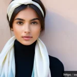 Home 20 여러 개의 스카프를 활용한 다채로운 스타일링 - A stylish young woman with medium skin tone wearing a lightweight silk scarf folded into a long stri...