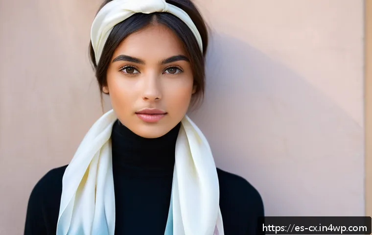 여러 개의 스카프를 활용한 다채로운 스타일링 - A stylish young woman with medium skin tone wearing a lightweight silk scarf folded into a long stri...