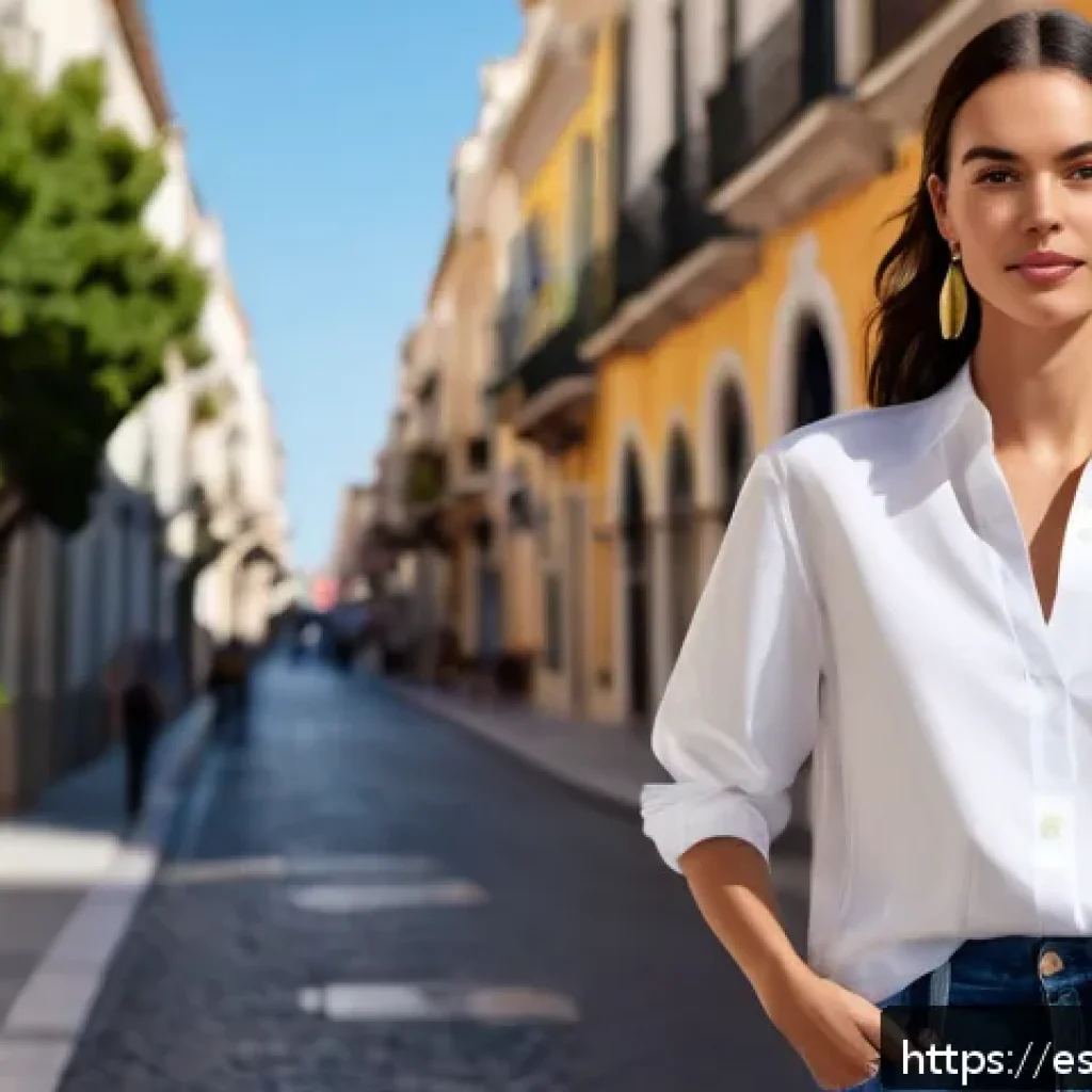 사계절 활용 가능한 패션 아이템 소개 - A modern, stylish woman wearing a crisp white organic cotton shirt with a slightly oversized fit, pa...