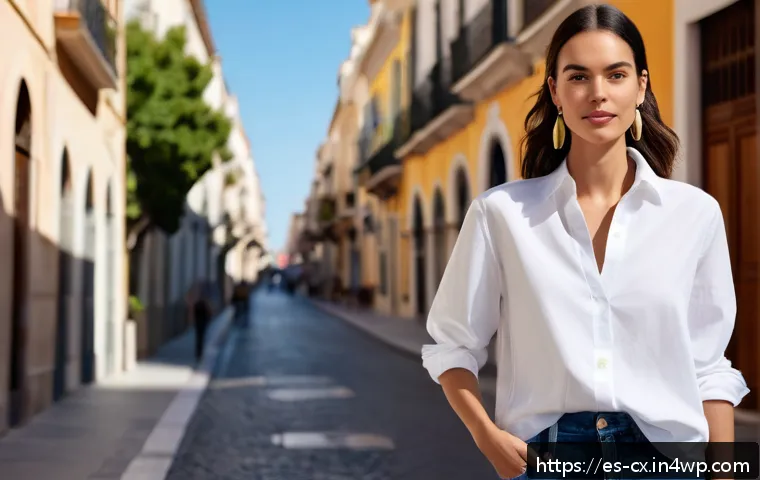 사계절 활용 가능한 패션 아이템 소개 - A modern, stylish woman wearing a crisp white organic cotton shirt with a slightly oversized fit, pa...